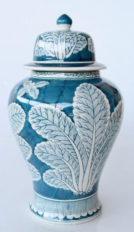 Blue & White Leaf Design Ginger Jar